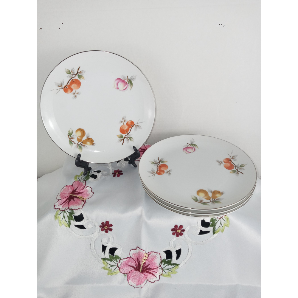 Vintage Plates Marked Japan Fruit Branches with Silver Trim 7.5" Set of 4